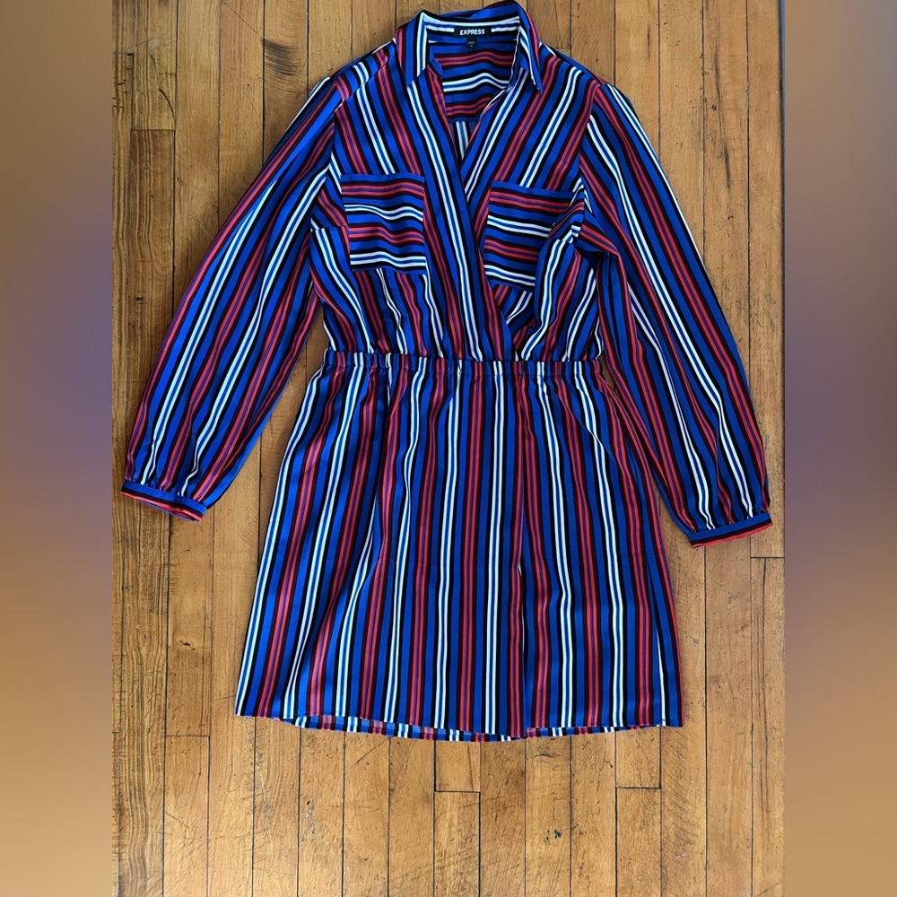 Express Blue & Red Striped Long Sleeve Mini Shirt Dress - Size M